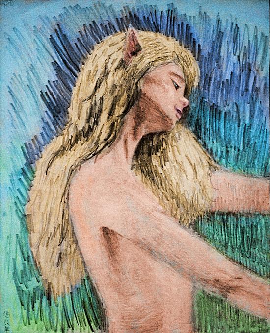 A pale elf-woman, profile, arms raised. I dreamed she married me. Image based on a pencil sketch of a salsa dancer seen in a movie ad. Click to enlarge