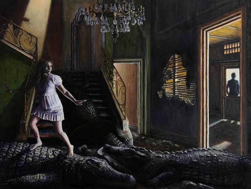 Crocodiles fill the hallways; a girl walks warily on their backs. Dream painting by Susan Vasiljevic.