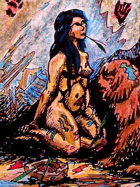 Cave girl, primordial painter, splotched and daubed with ochre, chewing a reed.