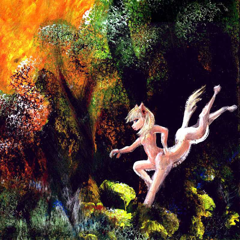 Sponged-in paintsketch of a dark wood. A white centauress light as a deer lands after a high leap.