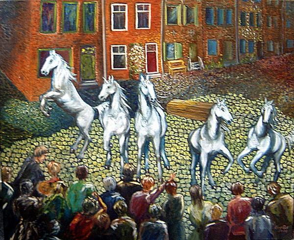 Five white horses, one a unicorn, representing talents; dream painting by Regina van der Poel.