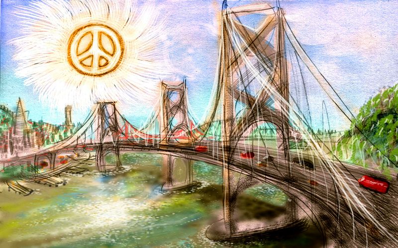 Image from a dream by Wayan: Not-quite-right Bay Bridge and skyline of San Francisco from Yerba Buena Island; the sun is a peace sign.