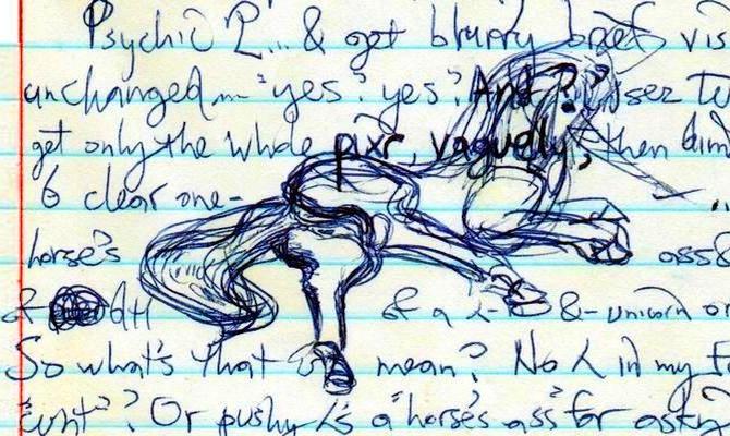 Dream text & sketch of unicorn mare by Wayan. Click to enlarge.