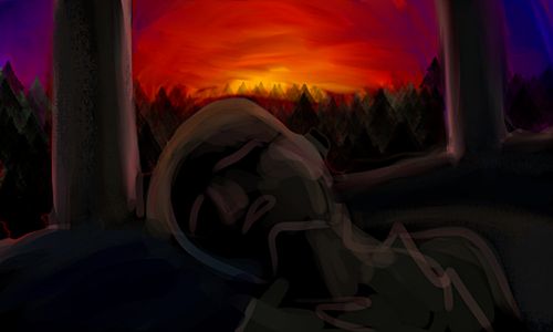Jack Kerouac dozing on bus through red sunset; dream sketch by Wayan.