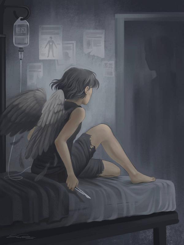 'Winged Danger': winged girl in hospital bed holds a knife. Dream painting by Emily Y. Chan.