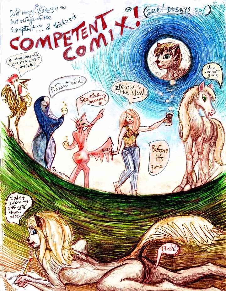 Improvised comics page titled 'Competent Comics'. A cocktail party of talking animals, under a talking moon. Uh-oh, is cuteness taking over, or Barthelmian self-reference? Click to enlarge.
