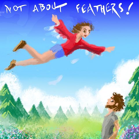 My arms have only a few feathers, but I fly anyway--it's in the mind! Dream sketch by Wayan. Click to enlarge.