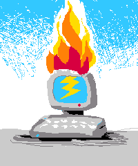 Cartoon of a computer in flames.