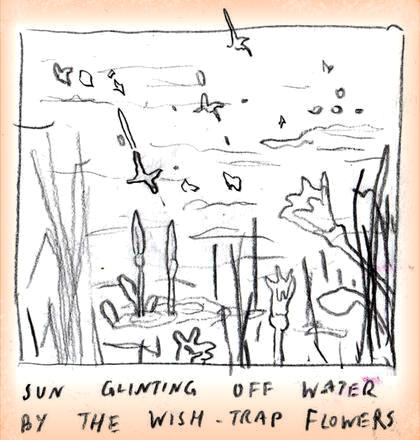 Reeds and flowers by water. Dream sketch by Sam H.