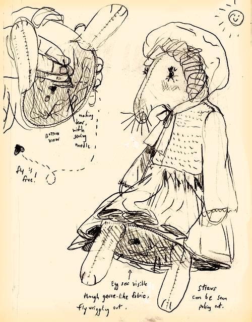 Droop-nosed 'Gilly doll'' with fly eggsac inside. Dream sketch by Sam H. Click to enlarge.