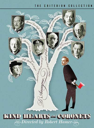 Poster for film 'Kind Hearts and Coronets' with Alec Guinness playing a dozen murder victims. Click to enlarge.