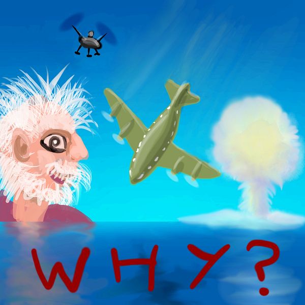 Mad scientist crashes plane in sea, causes small atomic explosion. Dream sketch by Wayan.