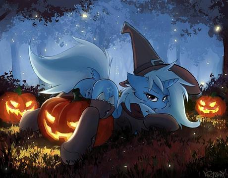 Trixie the witch on 'My Little Pony' acting seductive on Halloween. Art by Kejzfox of Deviantart. Click to enlarge.