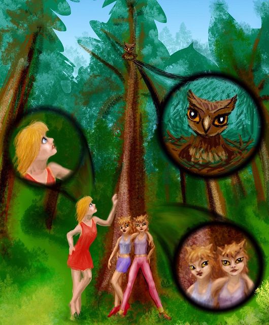 Three strange girls below a baby owl's nest. Sketch by Wayan. Click to enlarge.
