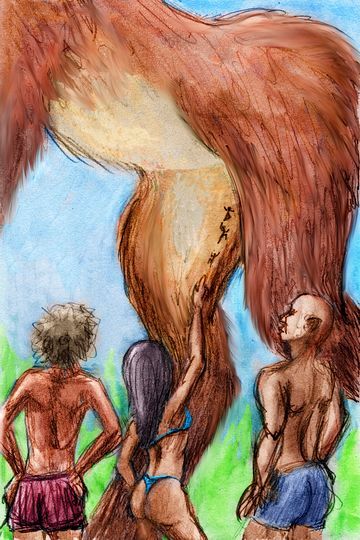 Three flea-sized humans plan climbing route up a giant wolf's thigh. Dream sketch by Wayan. Click to enlarge.
