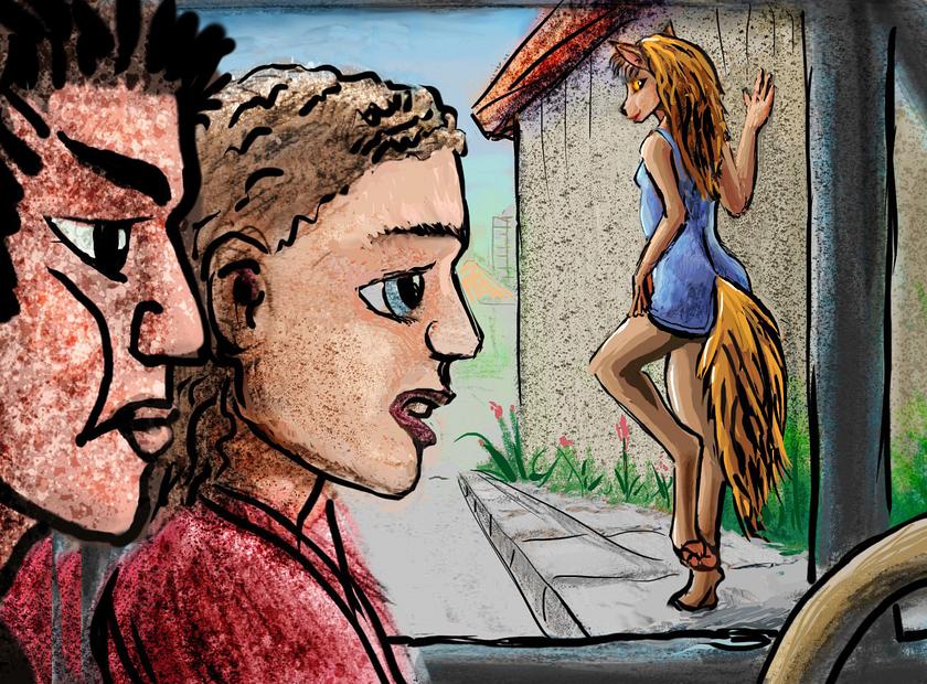 Out a car window I see a wolf-girl in a blue dress. Dream sketch by Wayan. Click to enlarge.