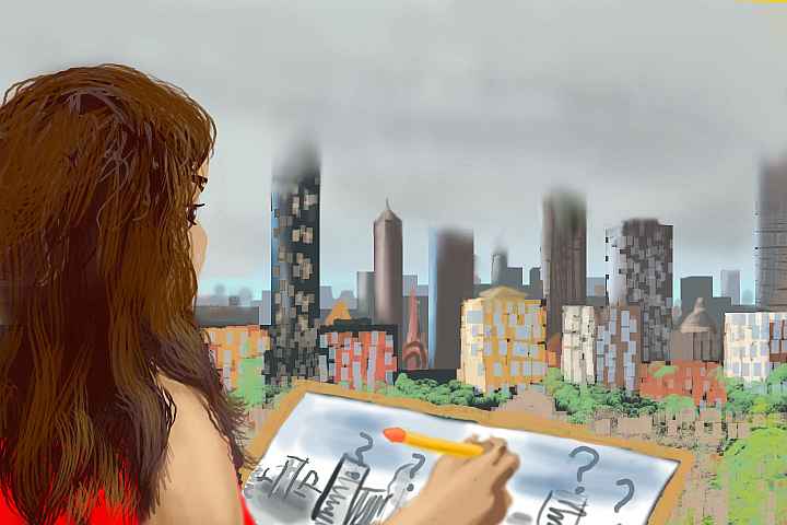 Sketch of a dream of a girl who draws a cityscape: towers rising into fog