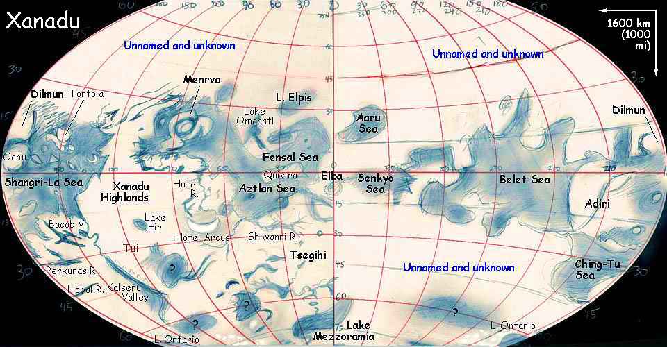 Map of Xanadu, a model of an alternate, wetter Titan. Click a feature to go there.