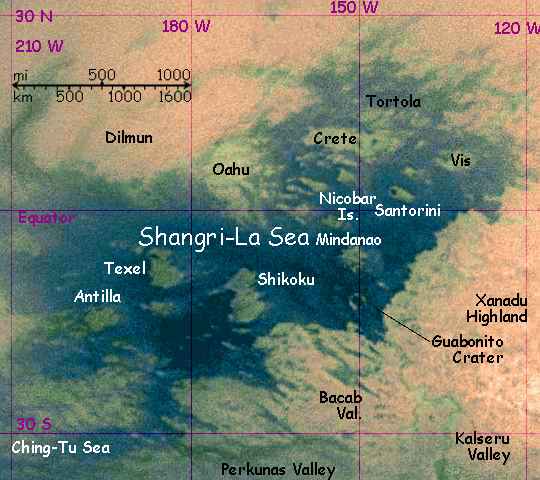Sketchmap with names, of the Shangri-La region of Xanadu, a model of an alternate, wetter Titan.
