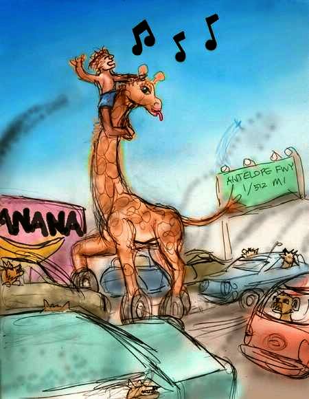 Dream: I escape a gridlocked freeway while singing atop a wheeled giraffe